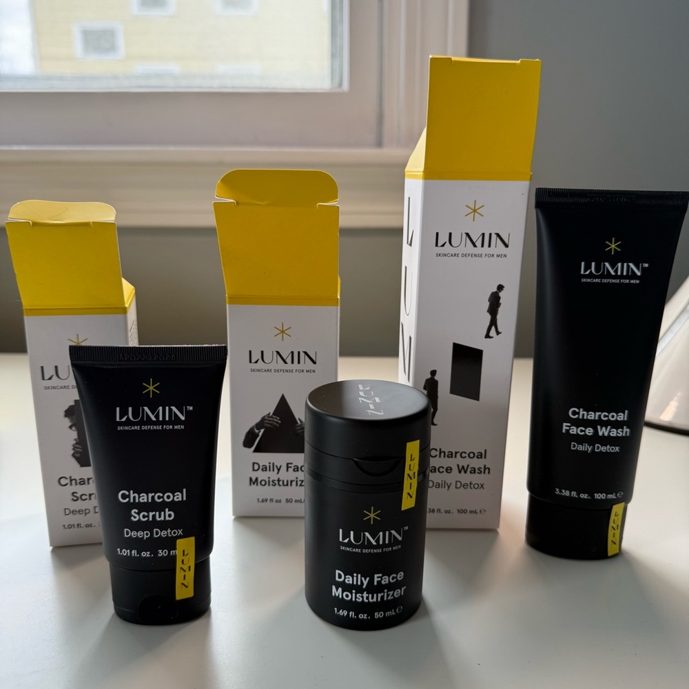 Lumin charcoal cleanser exfoliator rub moisturizer balm skincare system NEW
